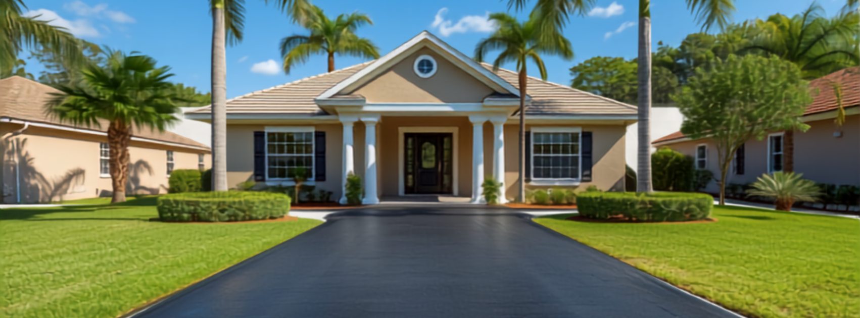 Freshly paved asphalt driveway running to a single-storey South Florida home framed by palms
