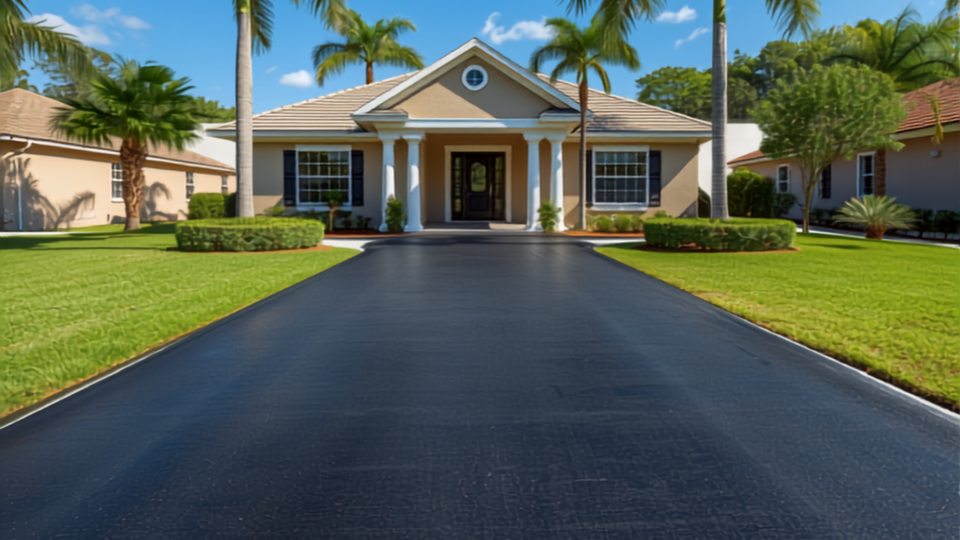 Wide asphalt driveway with a satin black finish leading up to a South Florida home
